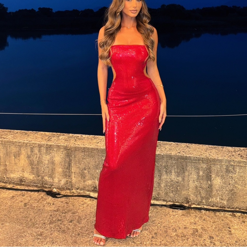 Meshki Red sequin backless maxi dress